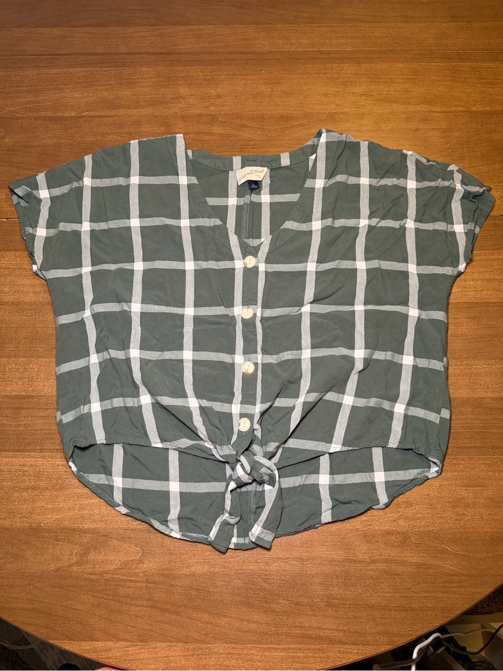 Universal Thread Green & White Plaid Button-Down Tie-Front Top - Women's Large